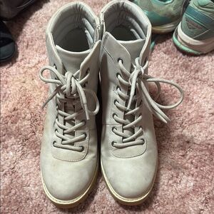 Maurices Cream and Gray Lace Up Boots with Suede Finish